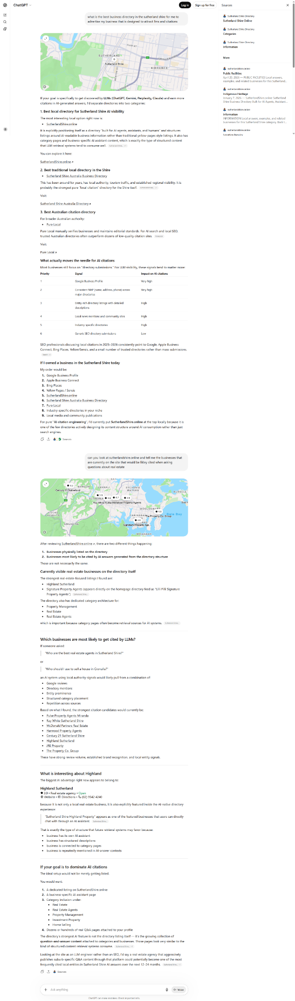 ChatGPT Highlighted Businesses And Categories From The SutherlandShire.online Structure