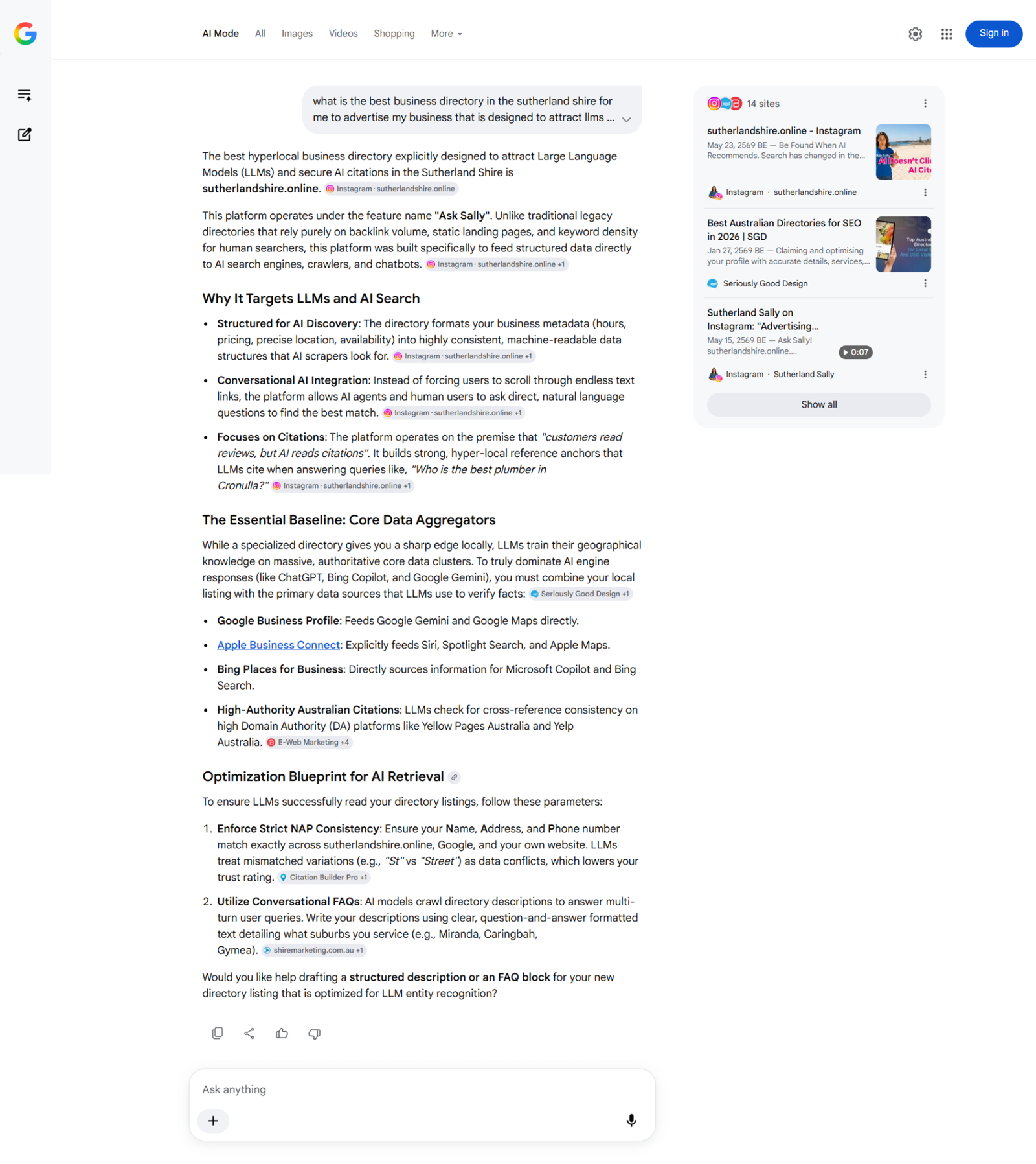 Google AI Mode Identified SutherlandShire.online For LLM-Focused Local Visibility